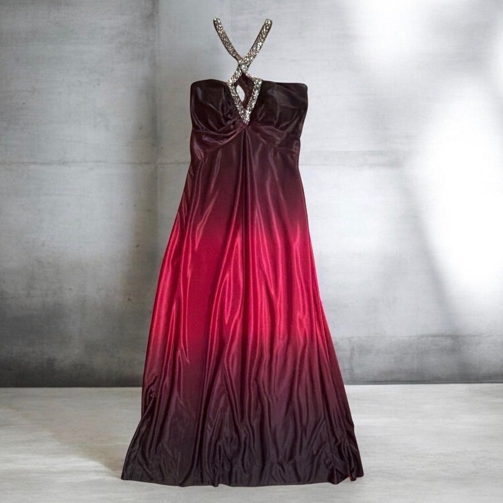 Hailey Adrianna Papell Red Ombre Beaded Halter Evening Gown Dress 12 231M09960